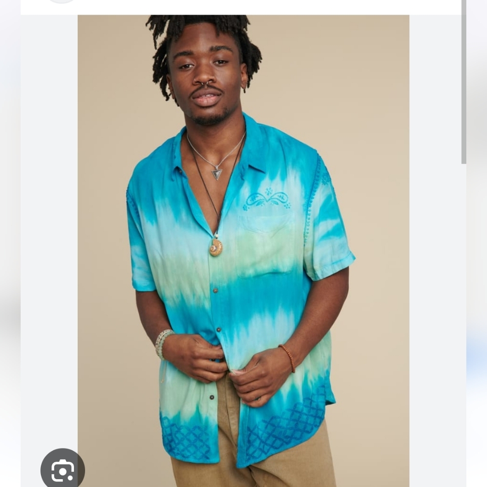 Blue Green Embroidered Tie Dye Button Down Shirt Earthbound New Tags L